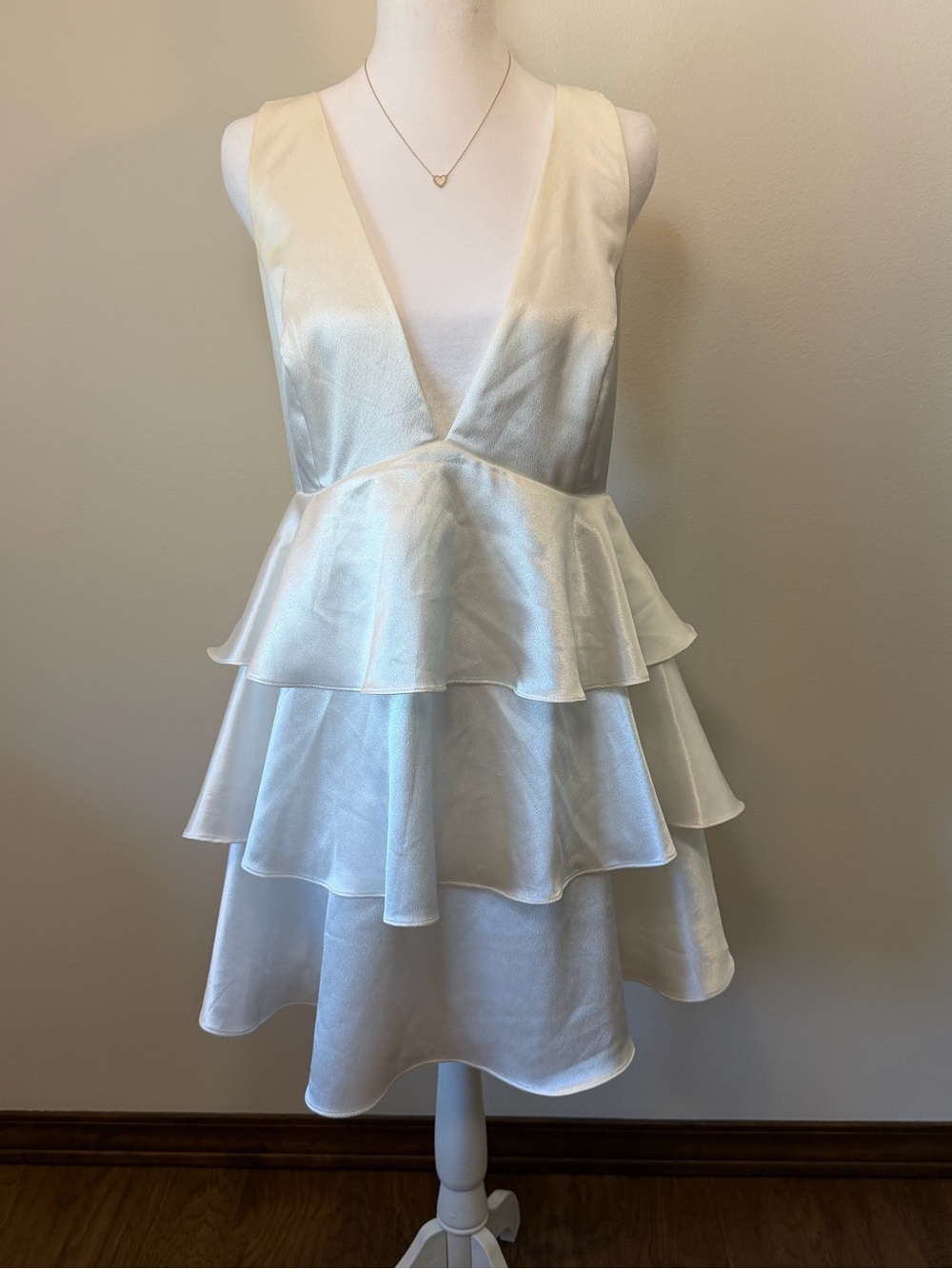 Lulus Ivory Satin Tiered Mini Dress XL Deep V Open Back Bridal Party Y2K